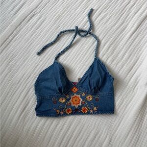 The Hippie Shake Halter Top Small Embroidered Boho Zipper Stretch Floral Orange